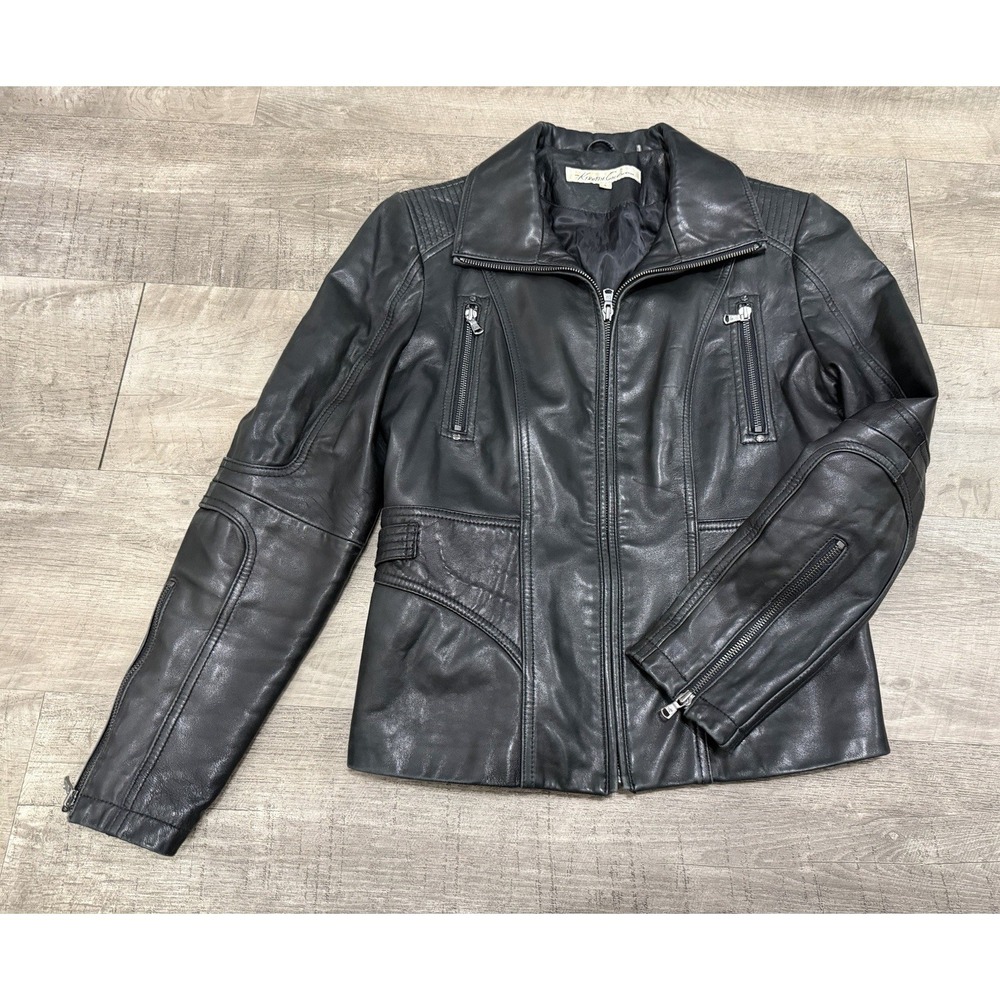 Vtg Kenneth Cole Black Leather Moto Jacket Large Women's